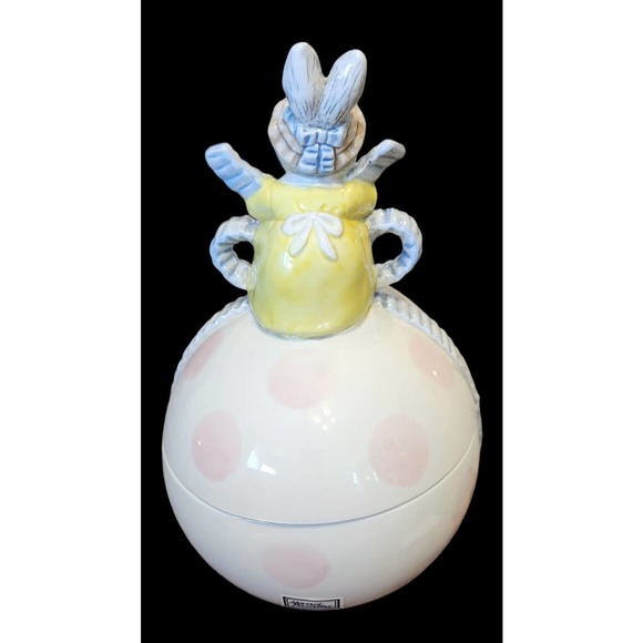 Vtg FITZ & FLOYD EASTER BUNNY RABBIT W/ PINK POLKA DOTS BOWL W/ LID - Picture 6 of 11